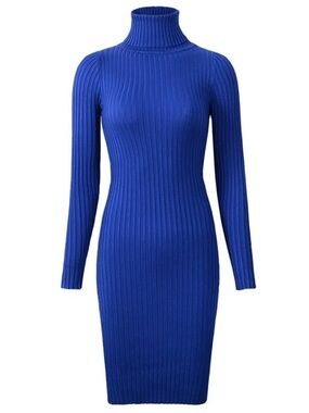 Long Ribbed Turtleneck Sweater Dress in Royal Blue